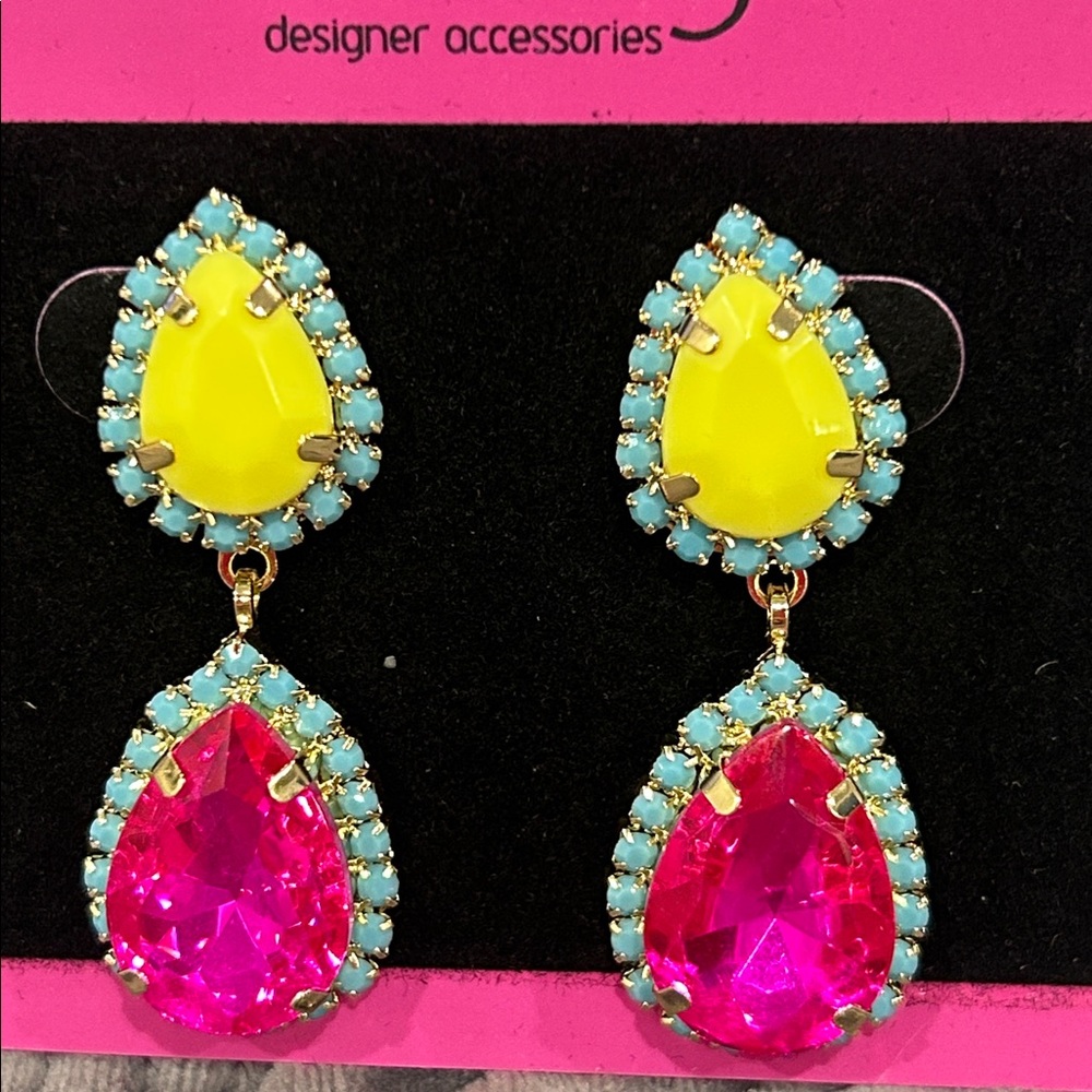 Vibrant Pink and Yellow Pear Cut Drop Earrings -NWT